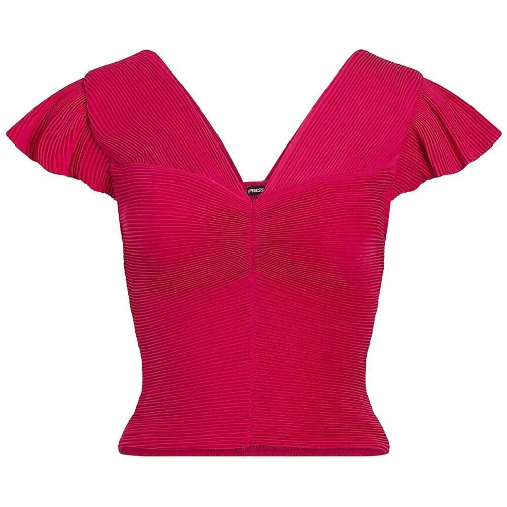 Express Pleated Flutter Sleeve Cropped Top in Pink, Size M​​​​